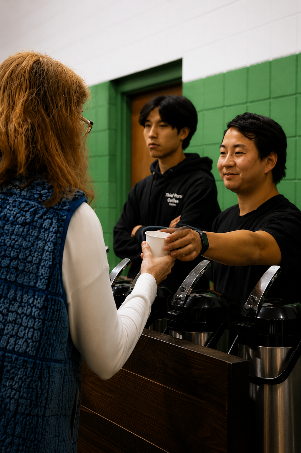 Third Horse Coffee team serving coffee to a guest at a community event