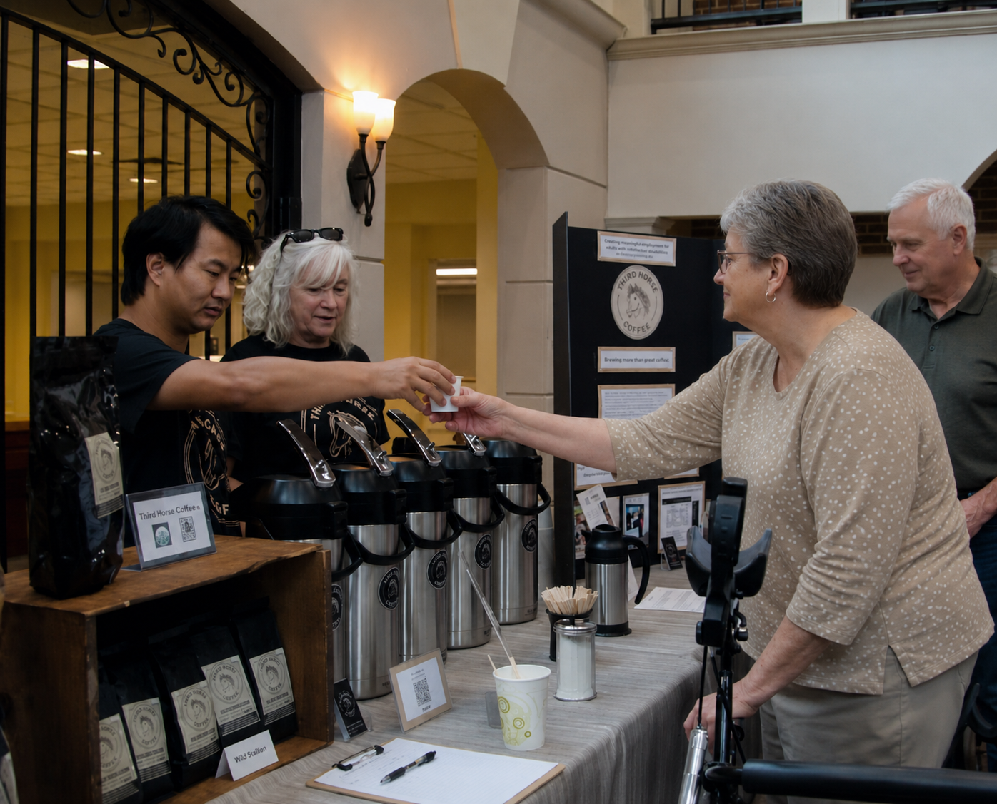 Josiah serving coffee samples at a community event