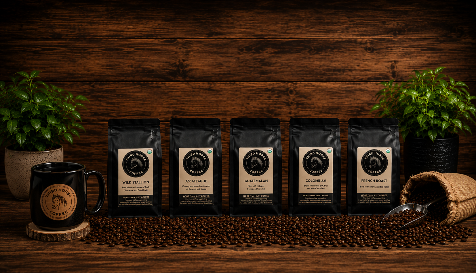 Five varieties of Third Horse Coffee displayed with coffee beans and a Third Horse Coffee mug