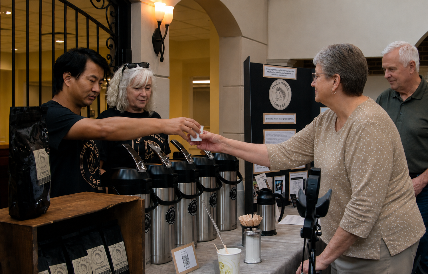 Josiah serving coffee samples at a community event