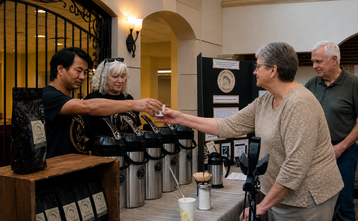 Josiah serving coffee samples at a community event