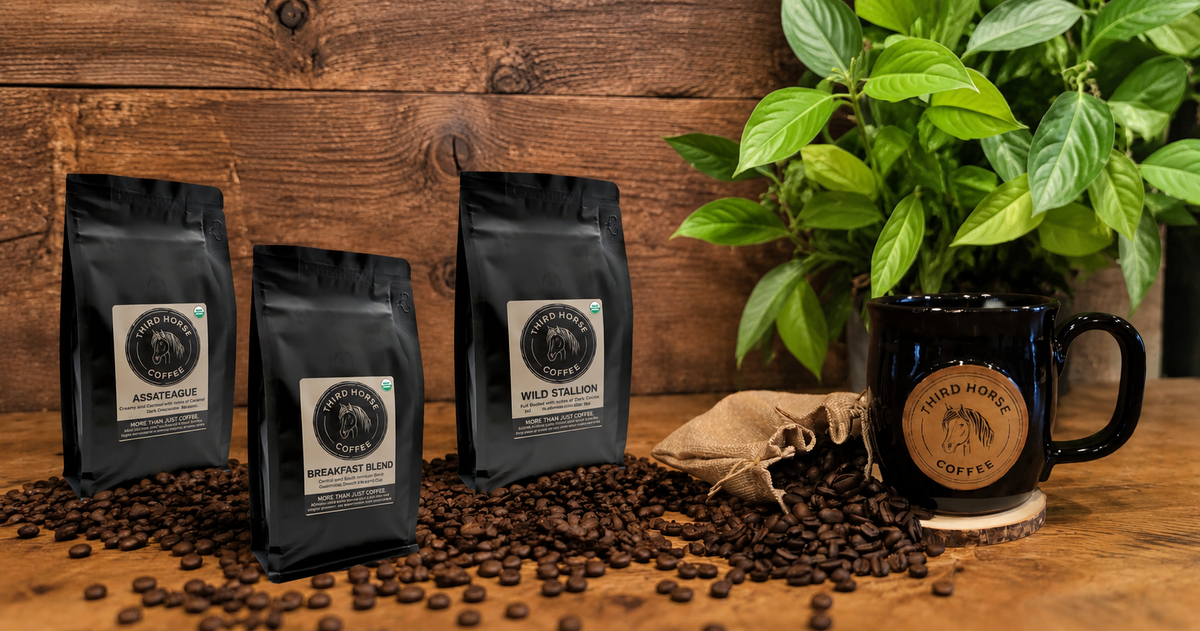 Third Horse Coffee bags and mug displayed with roasted coffee beans