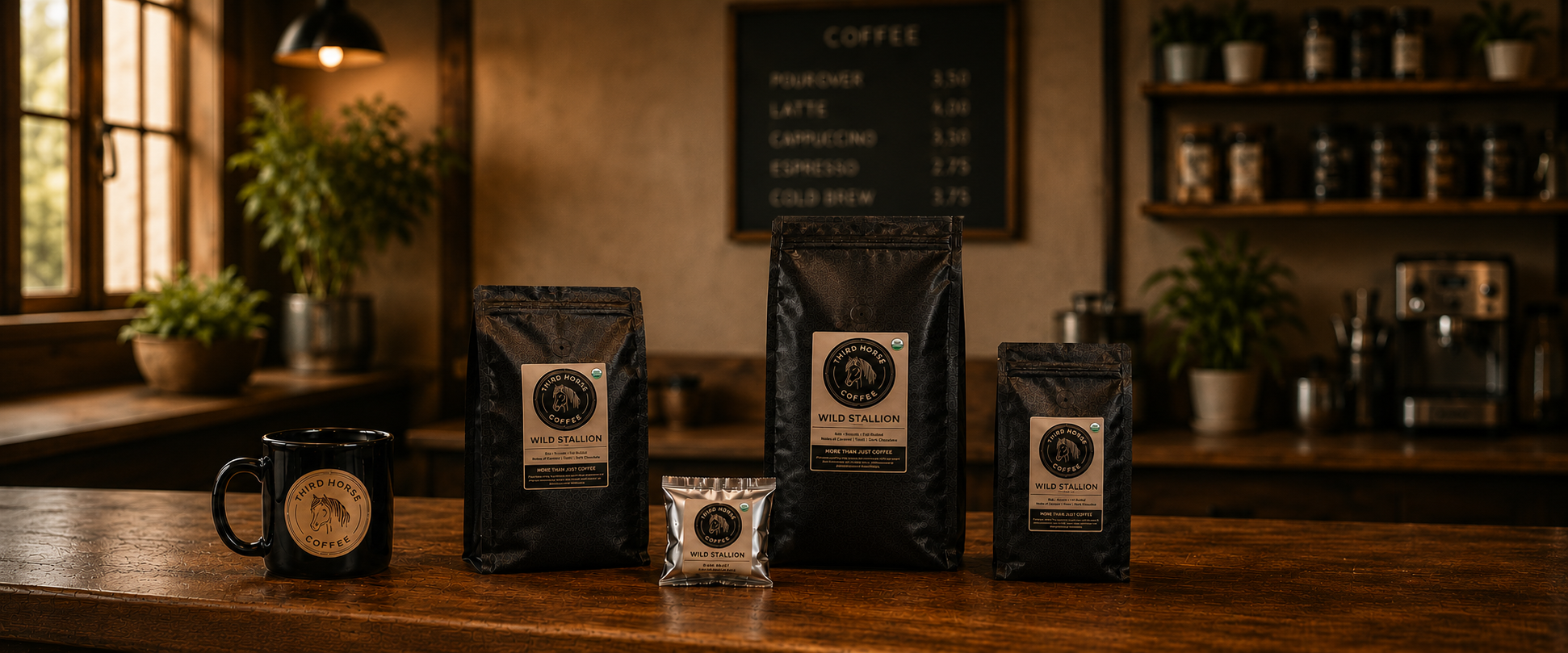 Third Horse Coffee wholesale coffee bags and single-serve packets displayed in a café setting